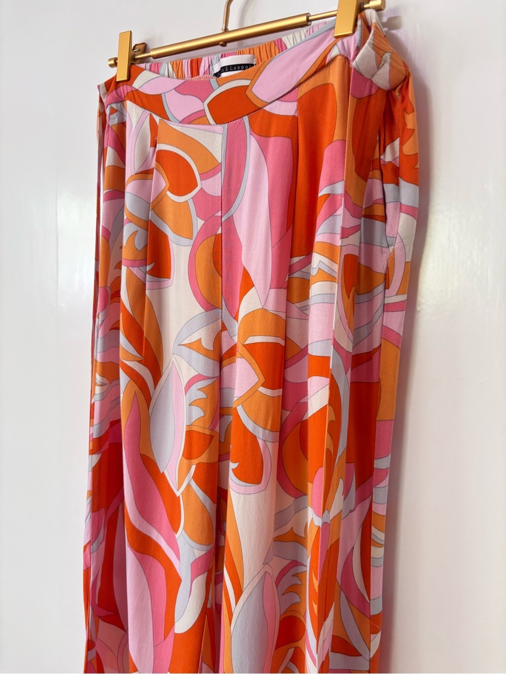 JL| Wide Leg Tie-Waist Lightweight Pants in Orange & Pink Retro 70s Print Sz M - Picture 3 of 8